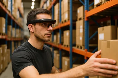 Warehouse Worker Using Augmented Reality Smart Glasses