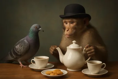 Monkey Wearing Bowler Hat Having Tea With Pigeon