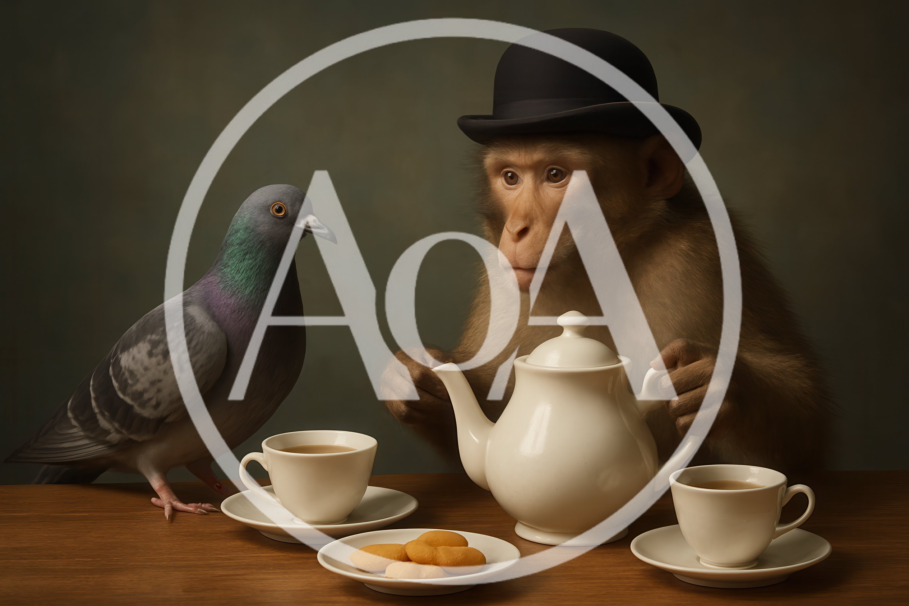 Monkey Wearing Bowler Hat Having Tea With Pigeon