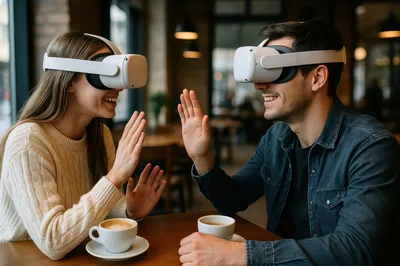 Couple Wearing VR Headsets High Fiving in Cafe