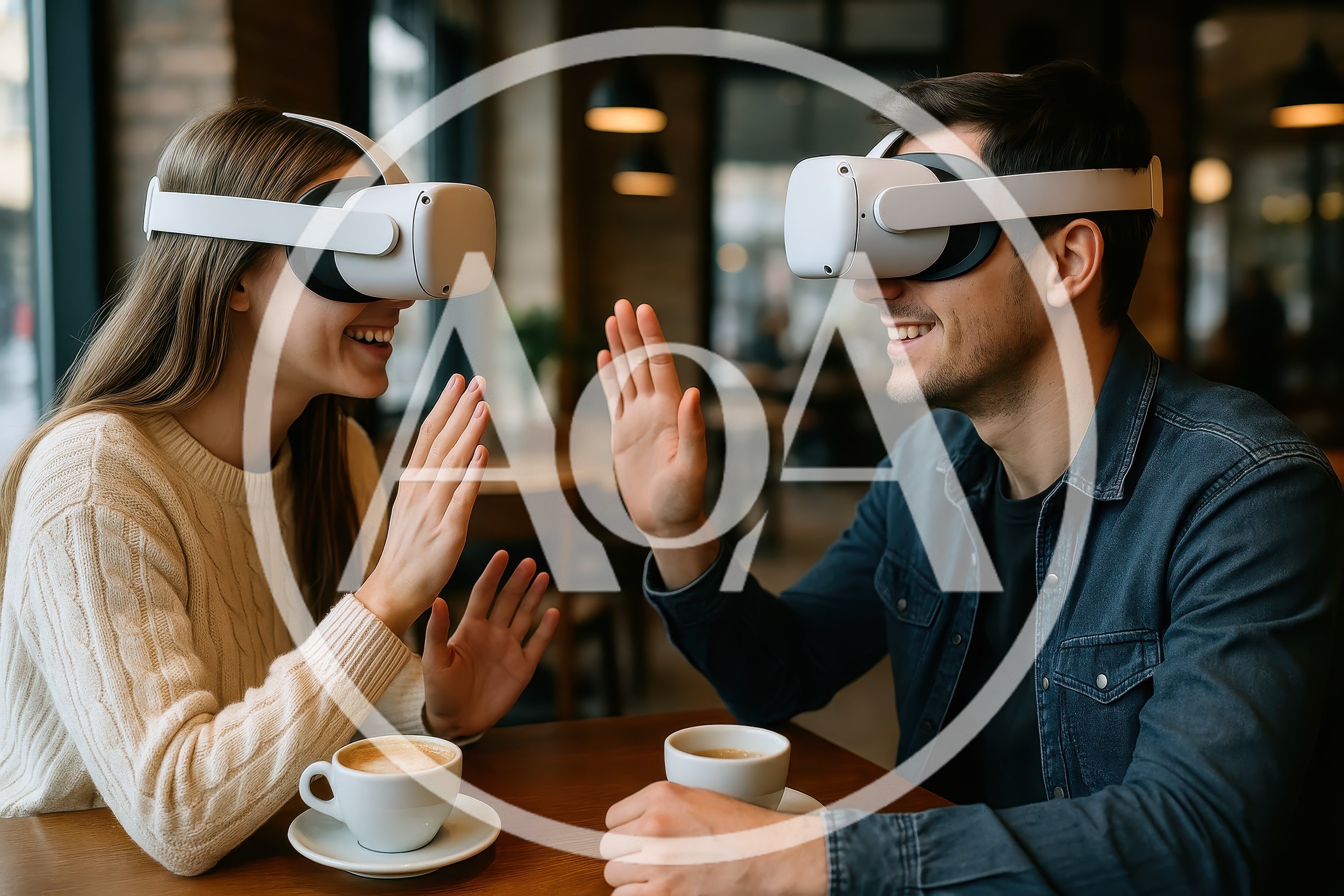 Couple Wearing VR Headsets High Fiving in Cafe