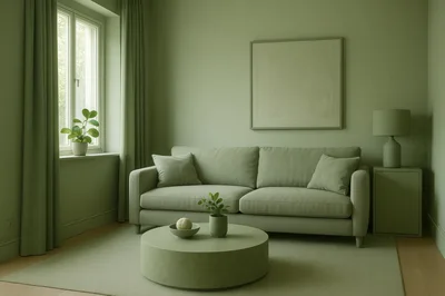Minimalist Living Room Interior In Monochromatic Sage Green