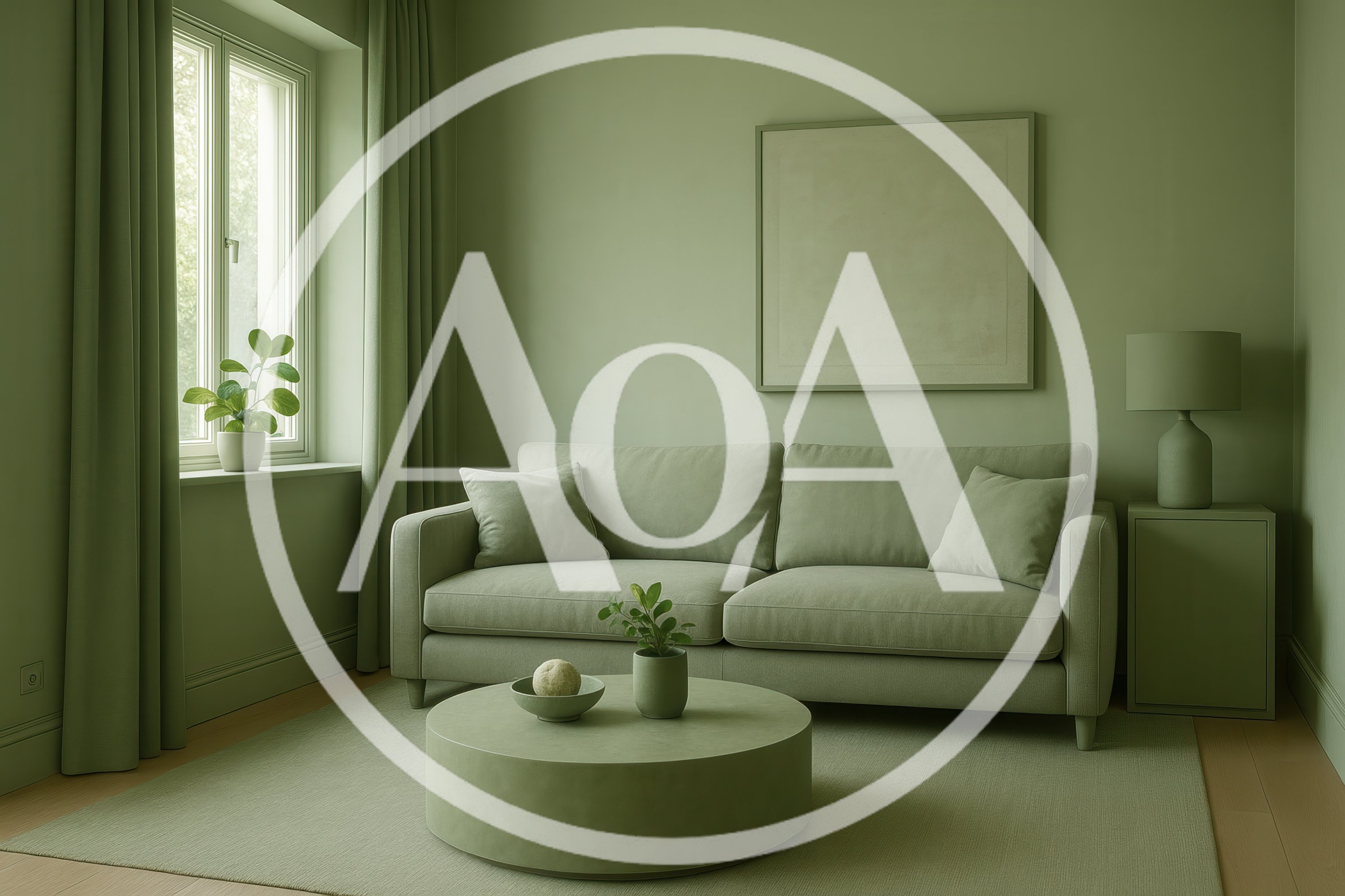 Minimalist Living Room Interior In Monochromatic Sage Green