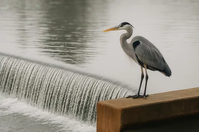 Great Blue Heron Standing On Concrete Weir