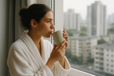 Young Woman In Bathrobe Drinking Coffee By Window