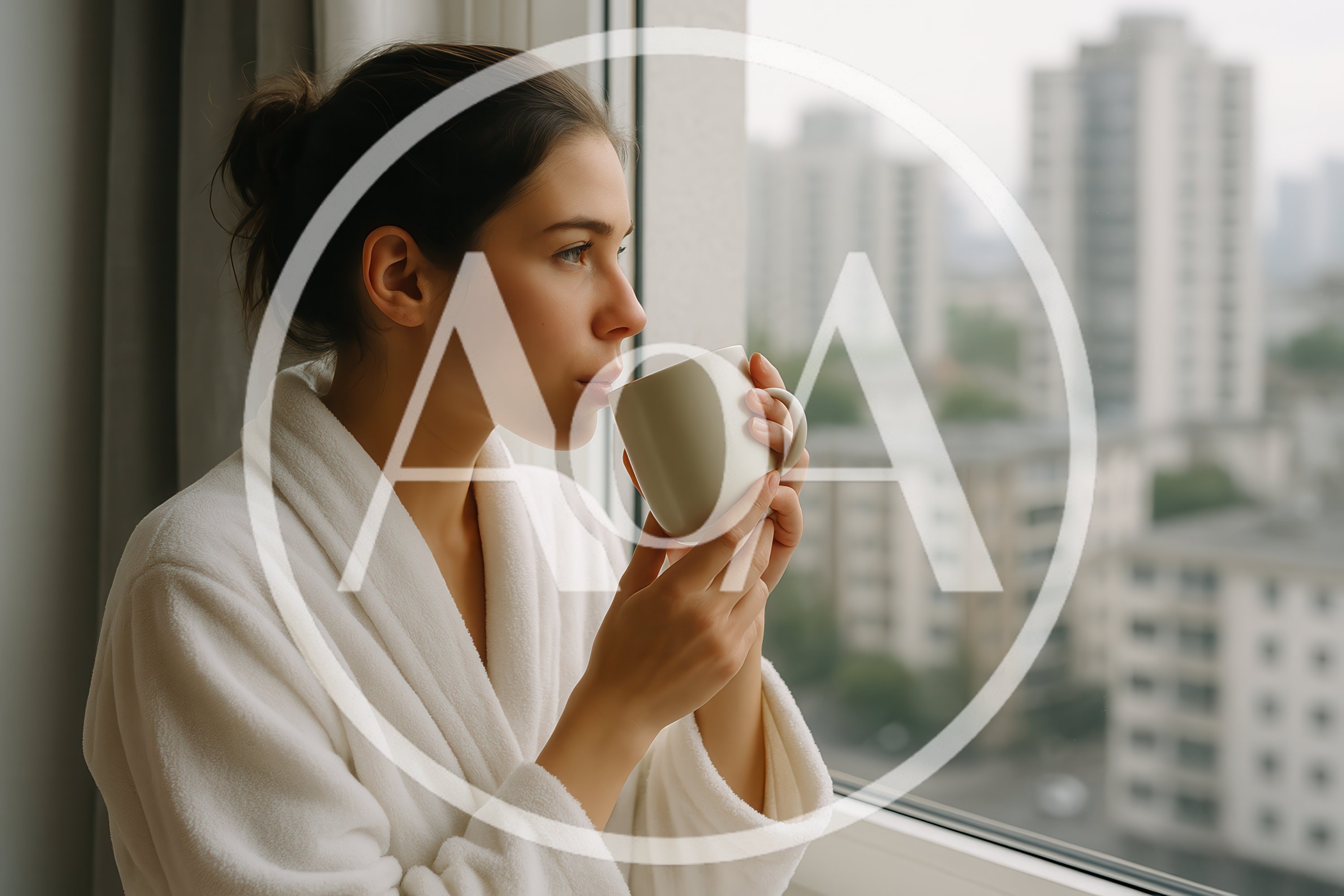 Young Woman In Bathrobe Drinking Coffee By Window
