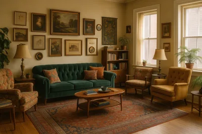 Vintage Living Room With Green Velvet Sofa