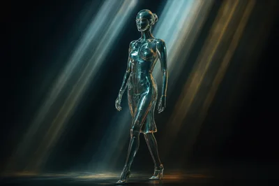 Metallic Humanoid Figure Walking Through Volumetric Light Beams
