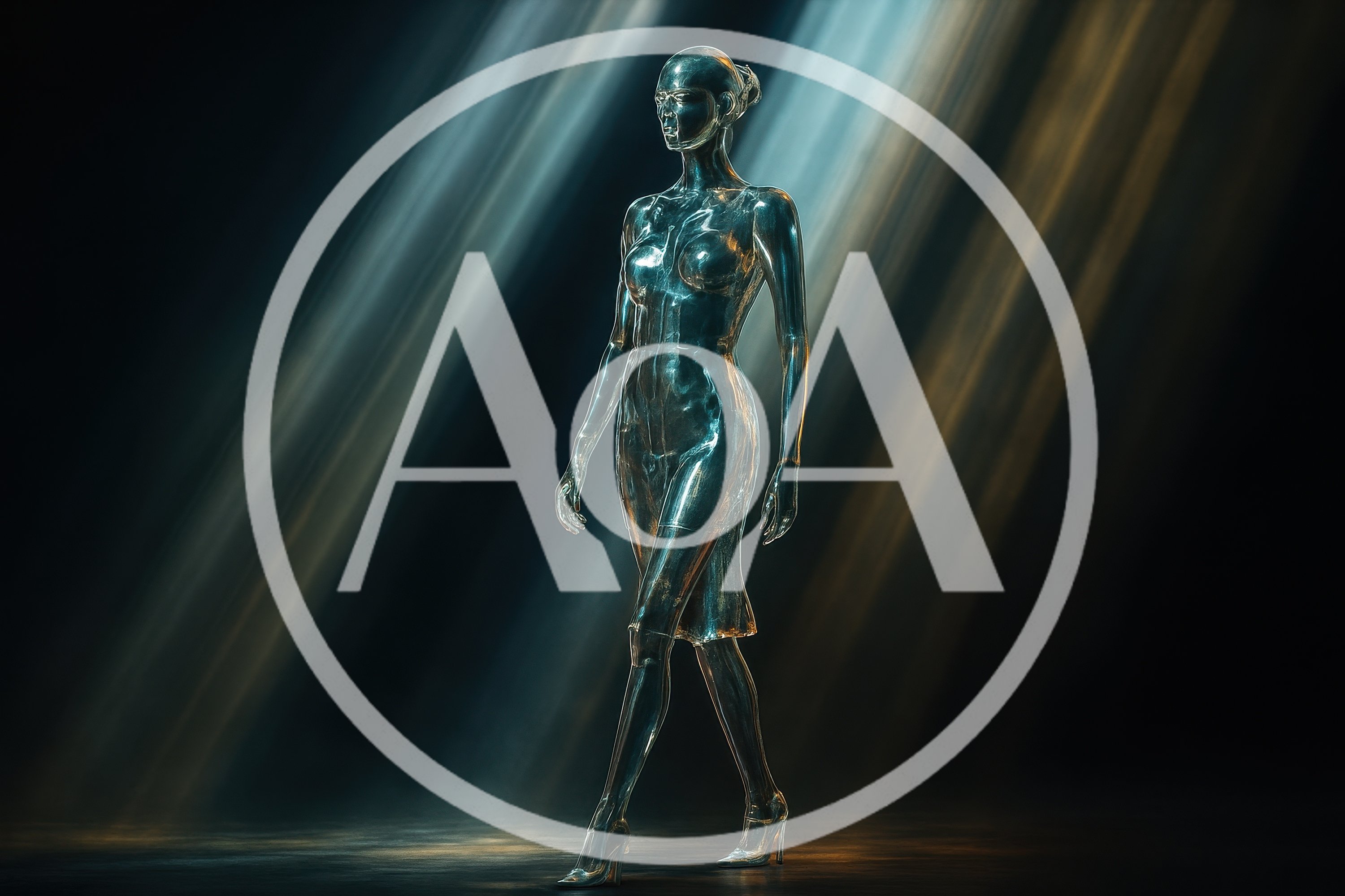 Metallic Humanoid Figure Walking Through Volumetric Light Beams