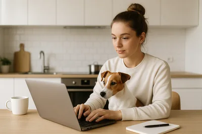Young Woman Working On Laptop With Her Dog
