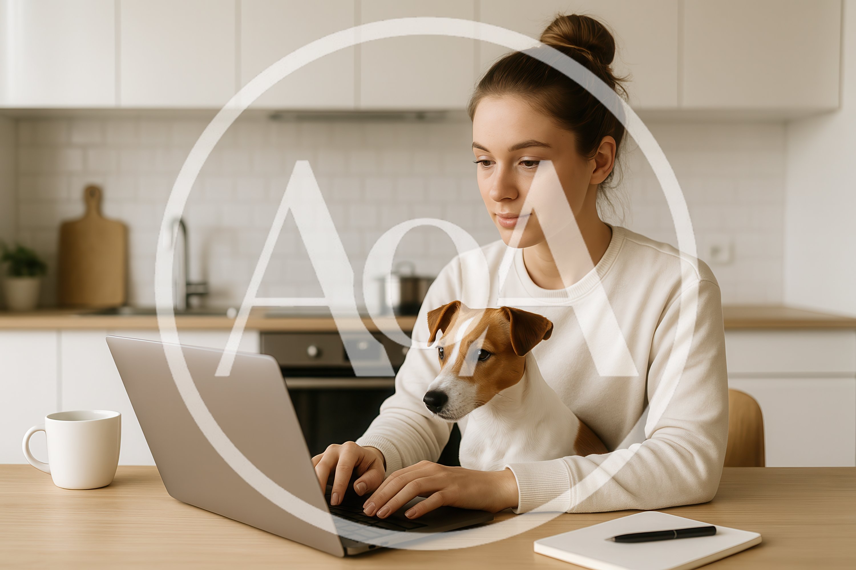Young Woman Working On Laptop With Her Dog