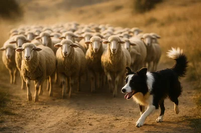 Border Collie Herding Sheep on Dusty Path