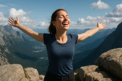 Happy Woman Standing With Arms Outstretched On Mountain Peak