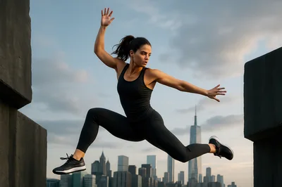 Athletic Woman Performing Parkour Jump Against City Skyline