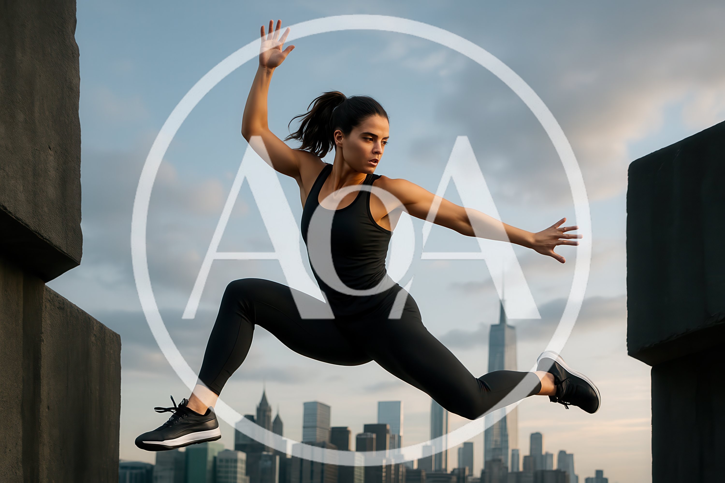 Athletic Woman Performing Parkour Jump Against City Skyline