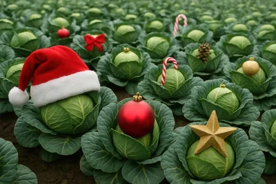 Christmas Decorated Cabbages Growing In A Field