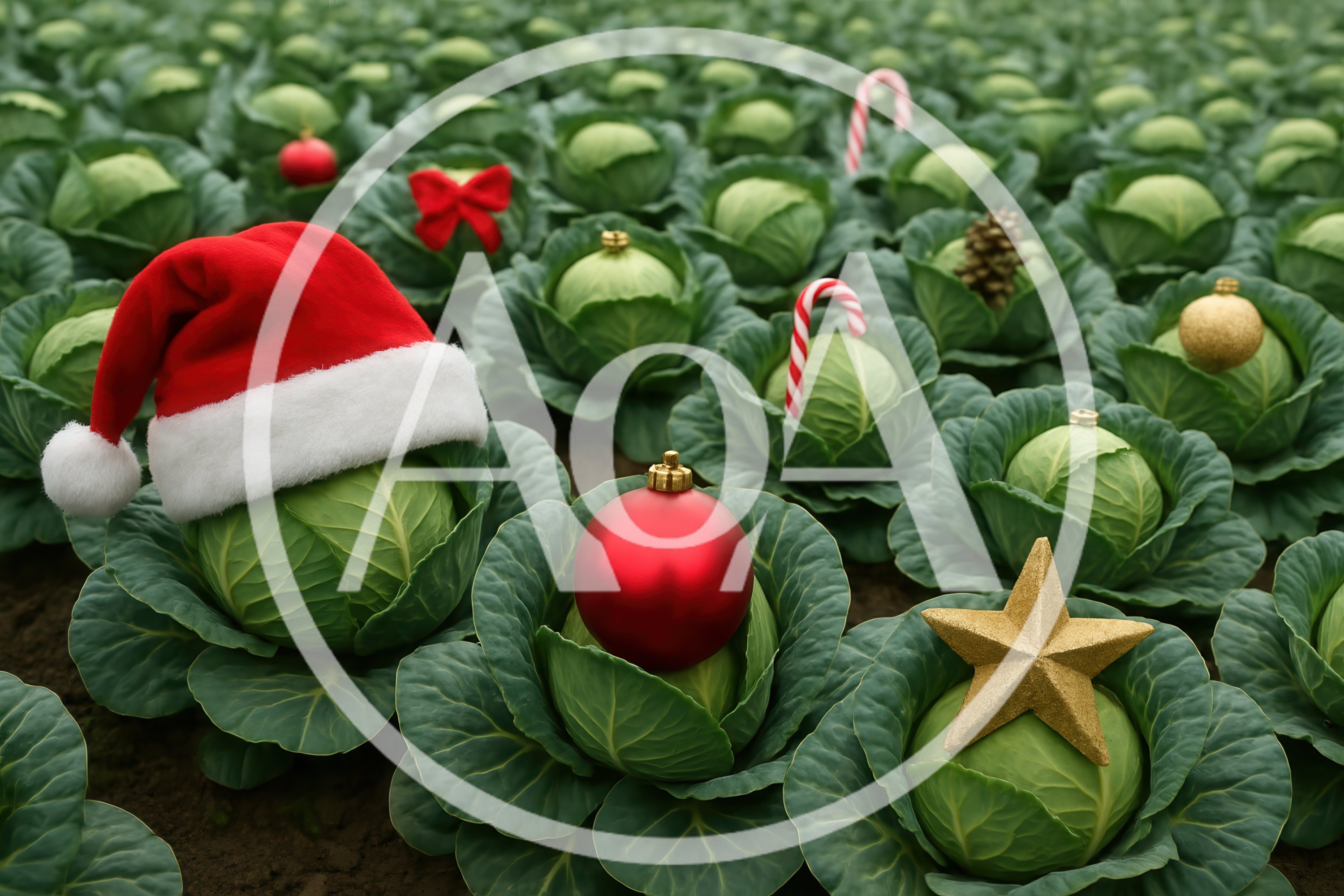 Christmas Decorated Cabbages Growing In A Field