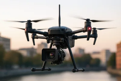 Professional Industrial Drone Hovering Over Urban River