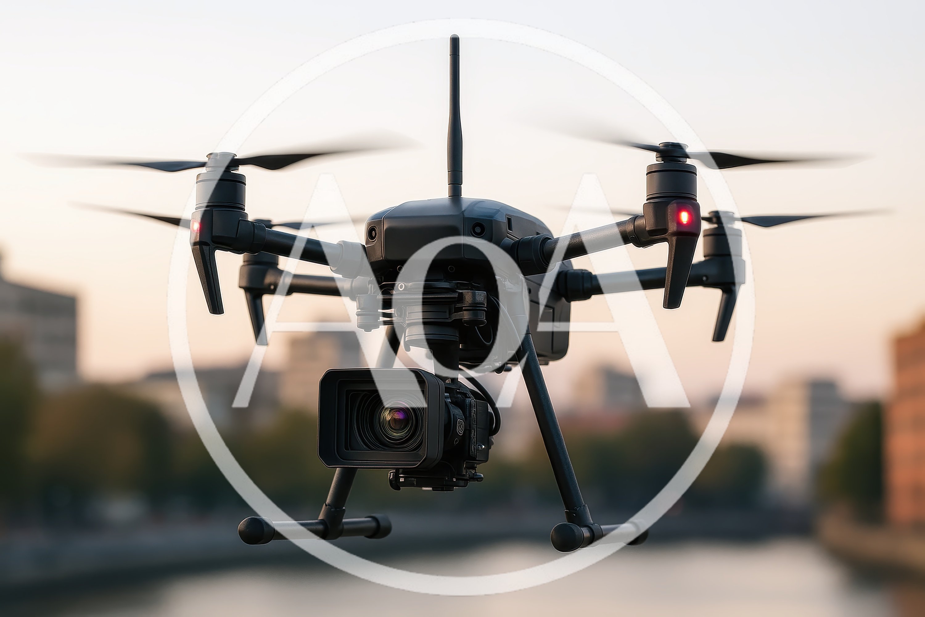 Professional Industrial Drone Hovering Over Urban River