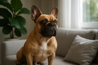 Fawn French Bulldog Sitting On A Living Room Sofa
