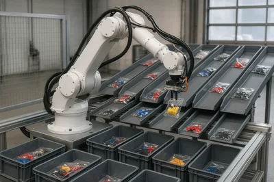 Industrial Robotic Arm Sorting Plastic Bags In Factory