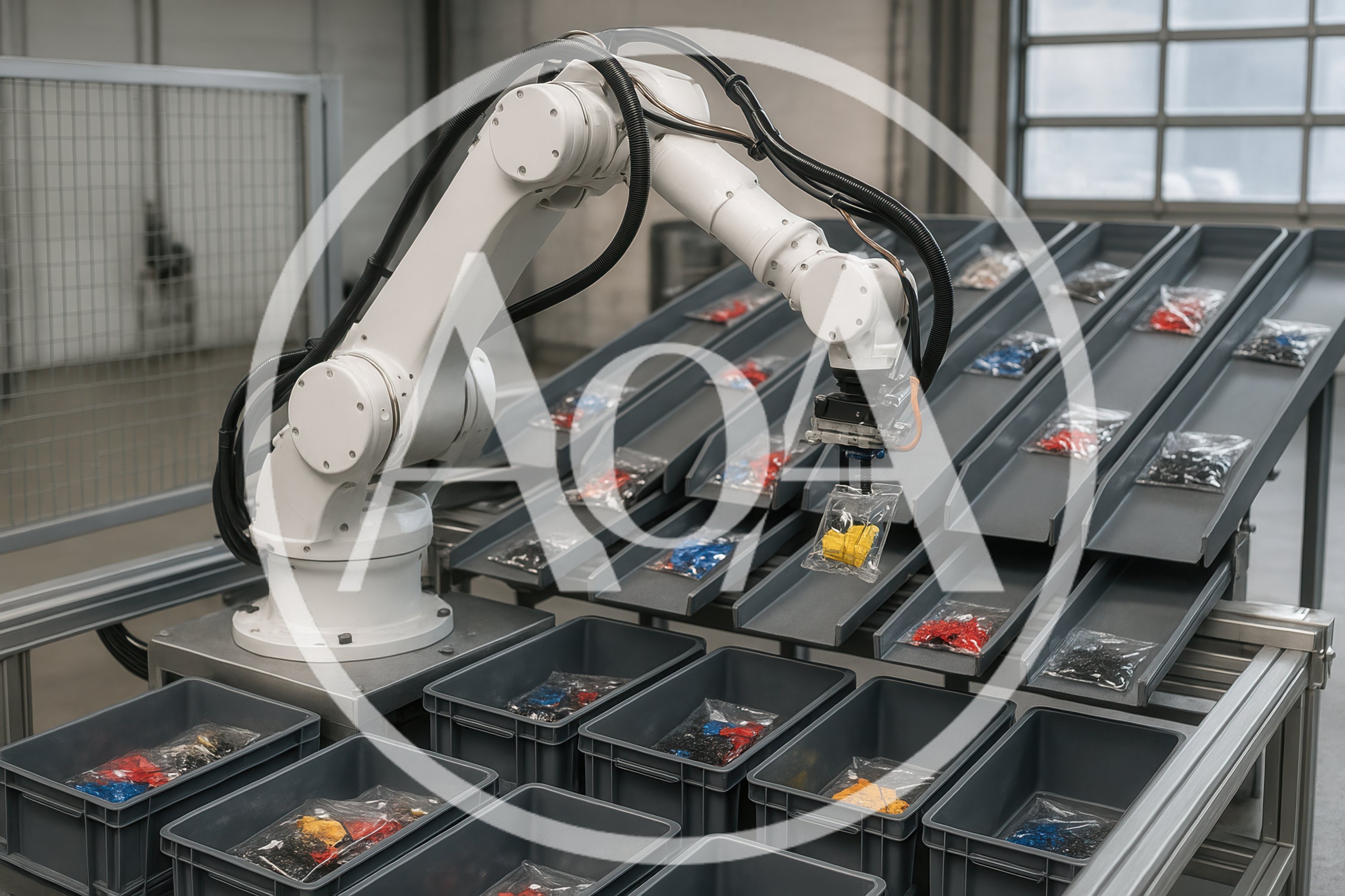 Industrial Robotic Arm Sorting Plastic Bags In Factory