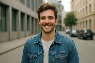 Portrait Of A Smiling Young Man In Denim Jacket