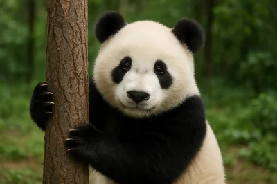Giant Panda Holding Onto A Tree Trunk