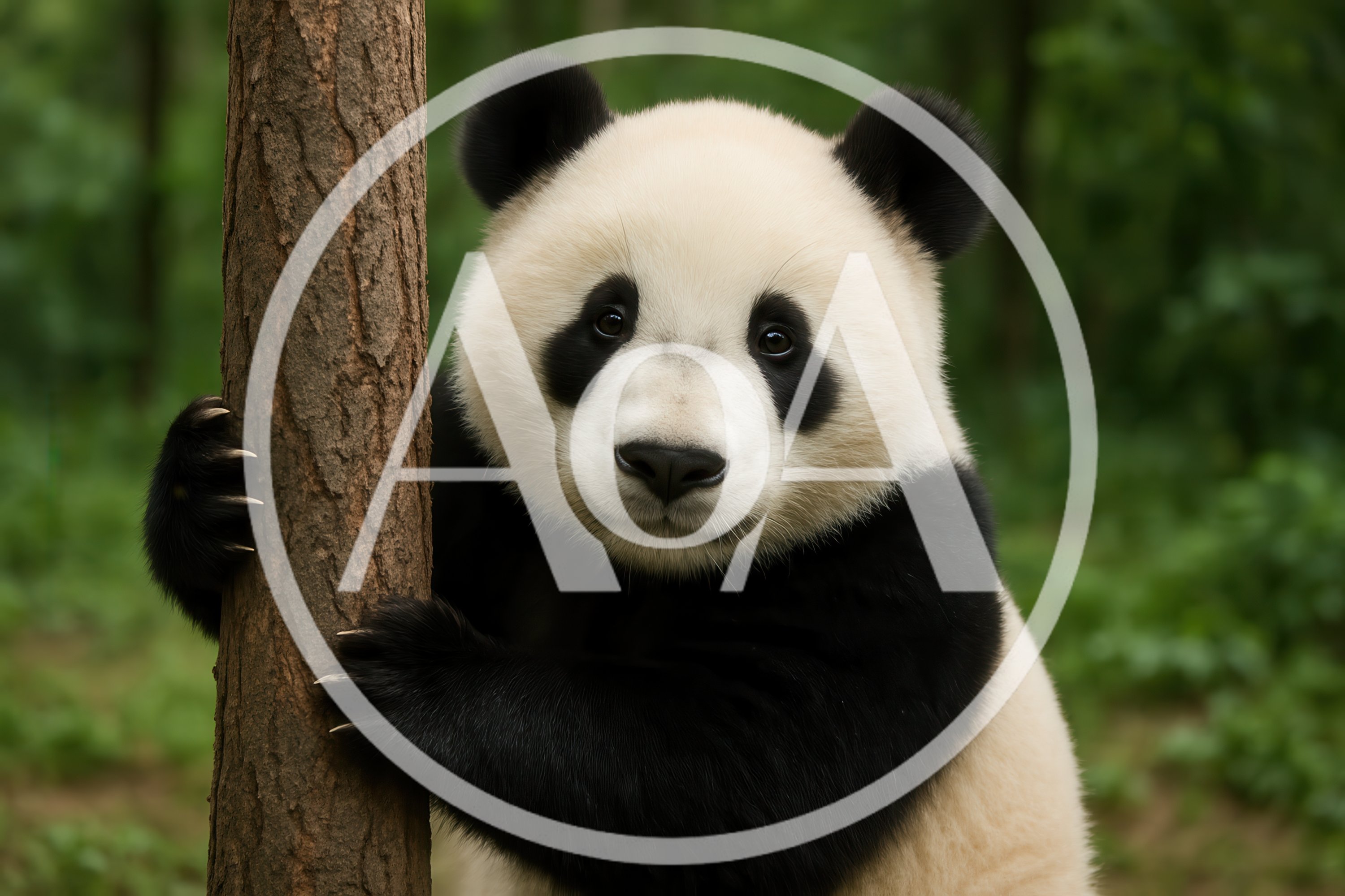 Giant Panda Holding Onto A Tree Trunk