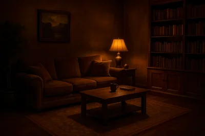Cozy Dimly Lit Library Living Room Interior
