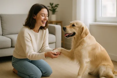 Young Woman Training Her Golden Retriever Dog
