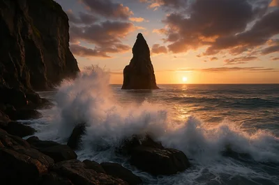 Dramatic Ocean Waves Crashing Against Coastal Sea Stack