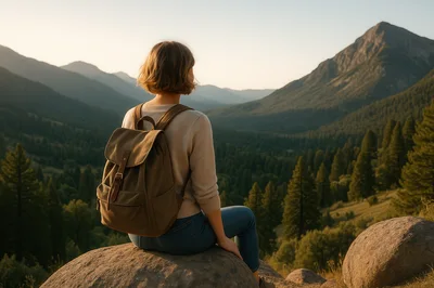 Woman With Backpack Sitting On Mountain Rock