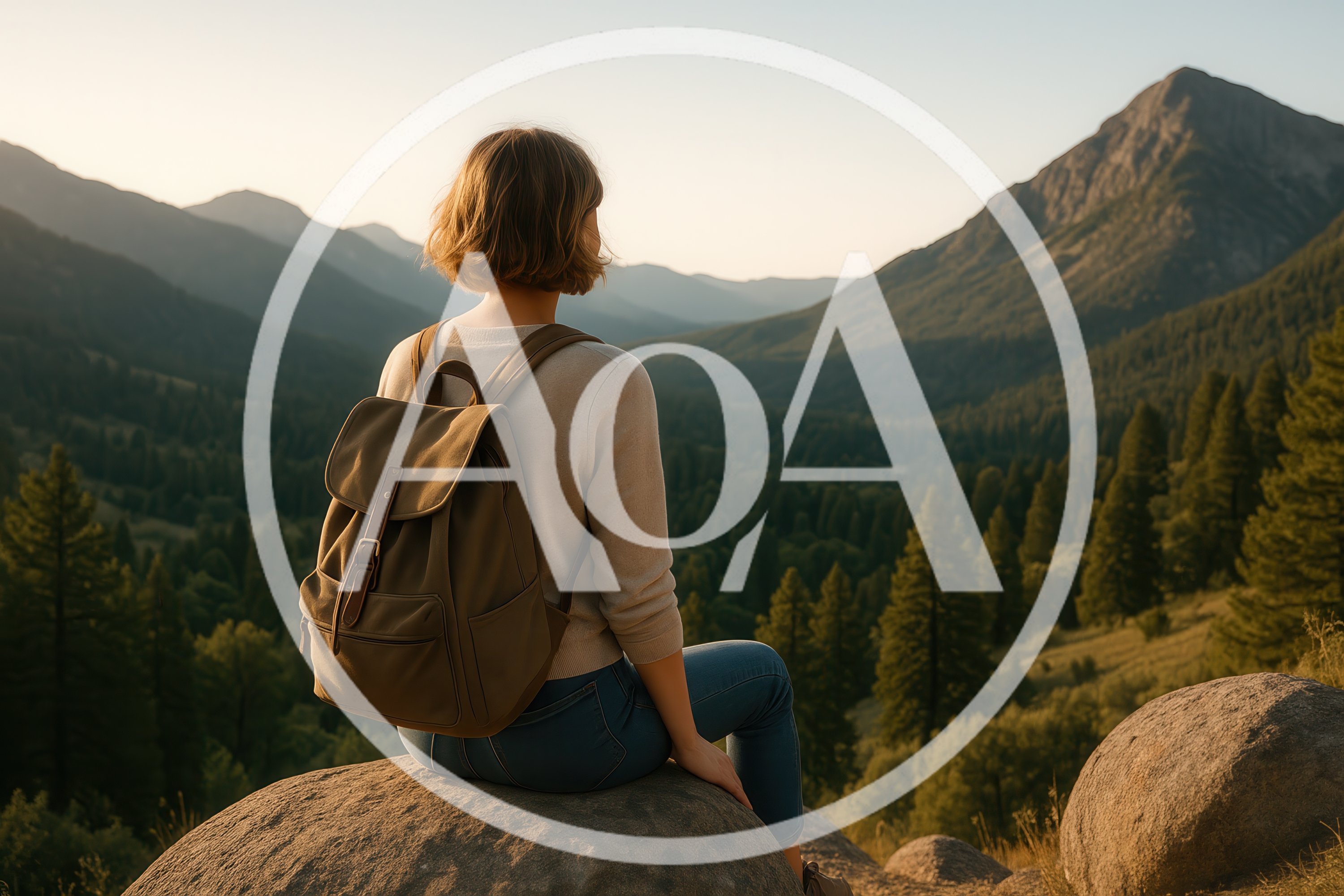 Woman With Backpack Sitting On Mountain Rock