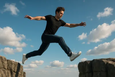 Young Man Jumping Across A Rocky Gap