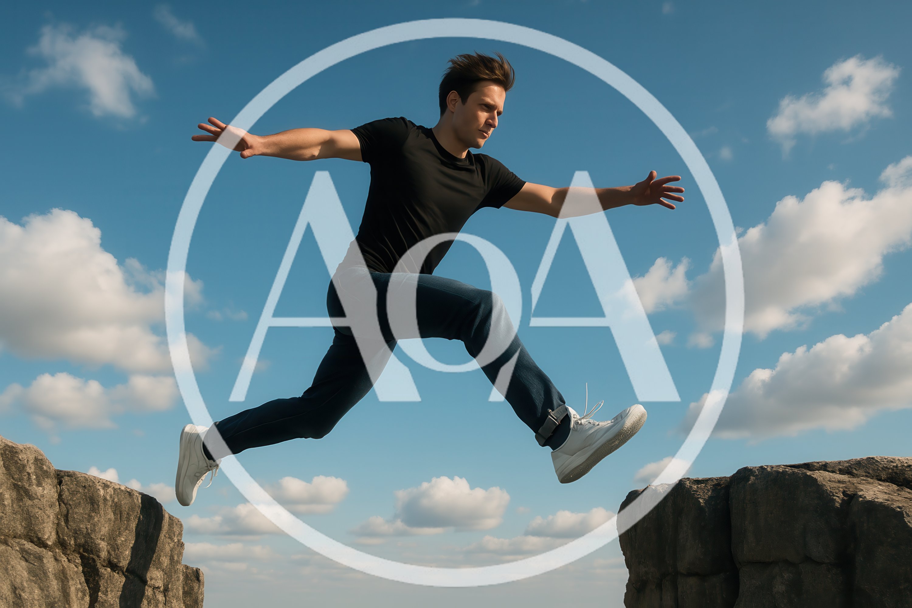 Young Man Jumping Across A Rocky Gap