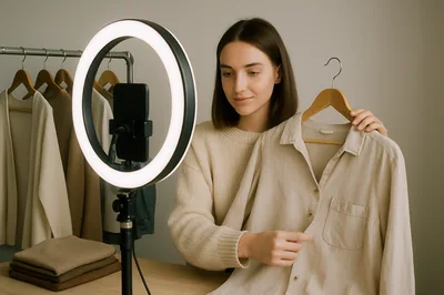 Young Woman Influencer Recording Fashion Vlog With Ring Light