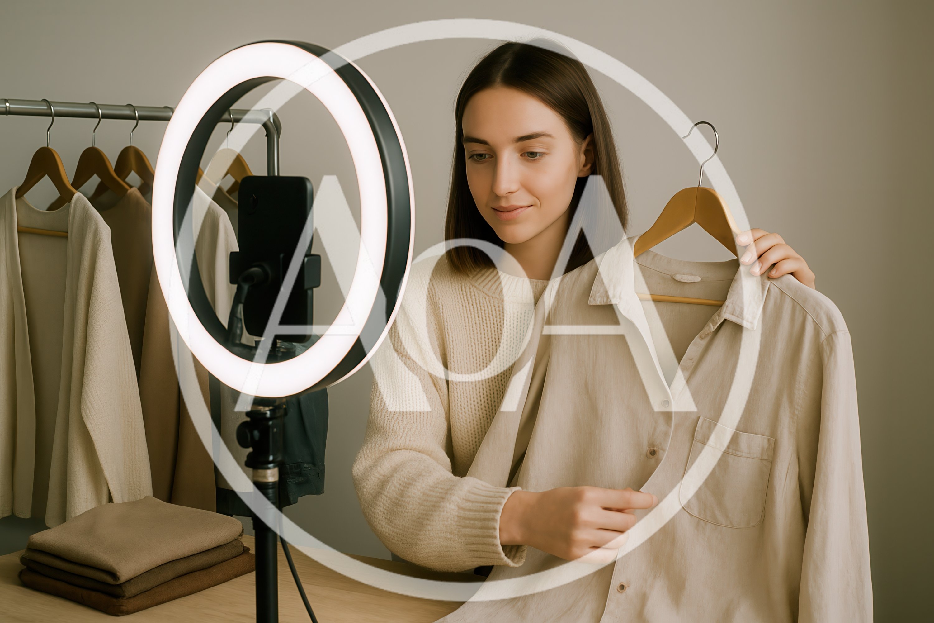 Young Woman Influencer Recording Fashion Vlog With Ring Light