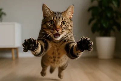 Playful Tabby Cat Jumping Towards Camera