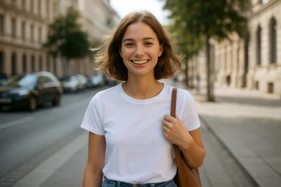 Young Woman Smiling While Walking Down City Street