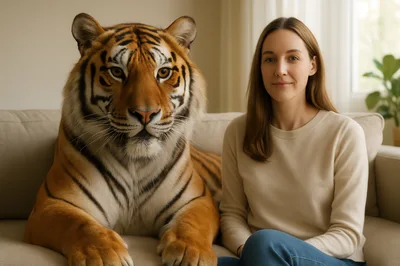 Woman Sitting On Sofa Next To A Large Tiger