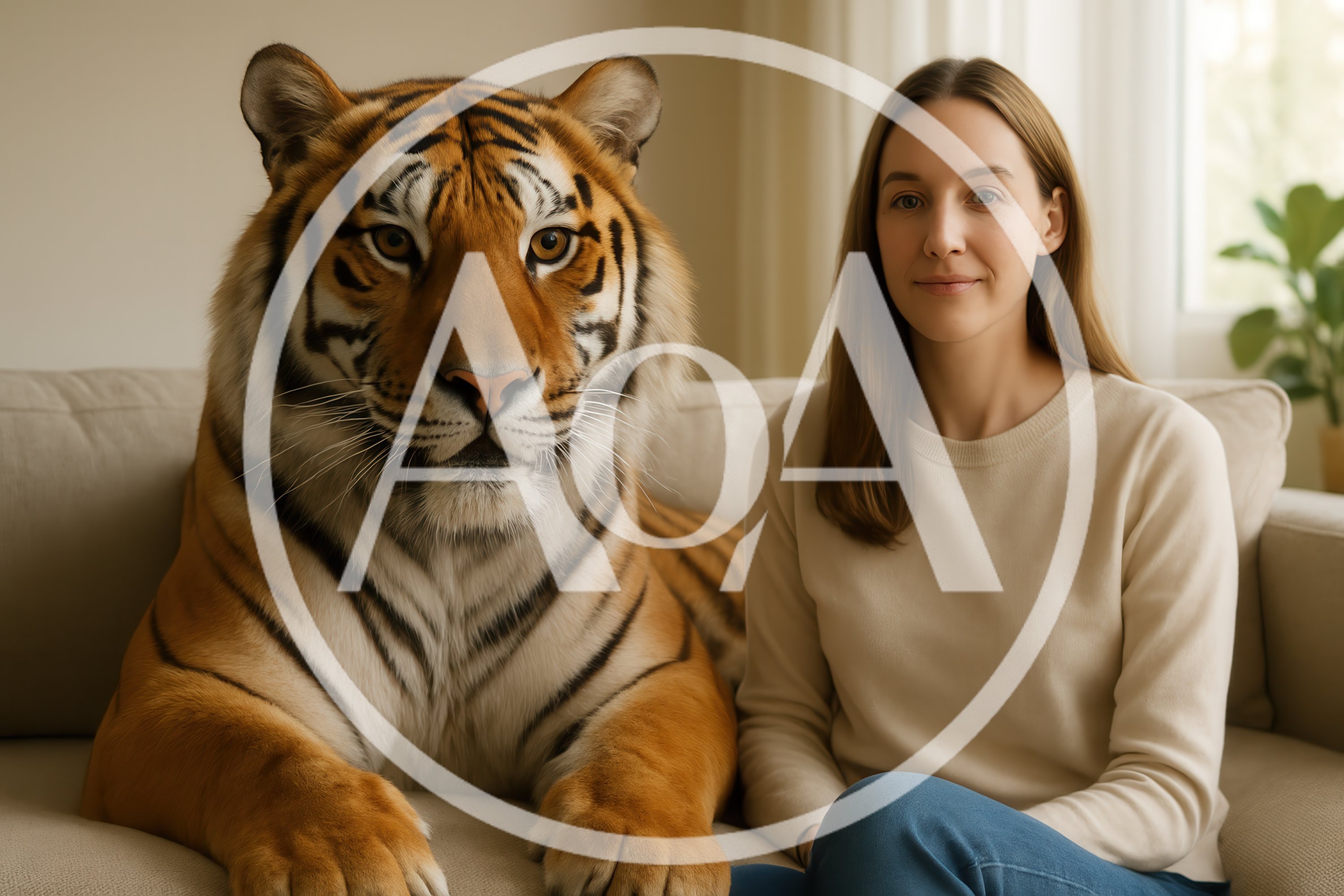 Woman Sitting On Sofa Next To A Large Tiger
