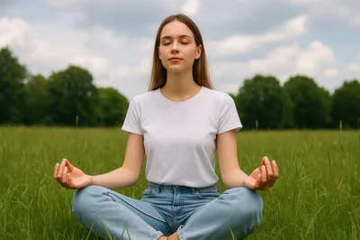 Young Woman Meditating In A Green Field