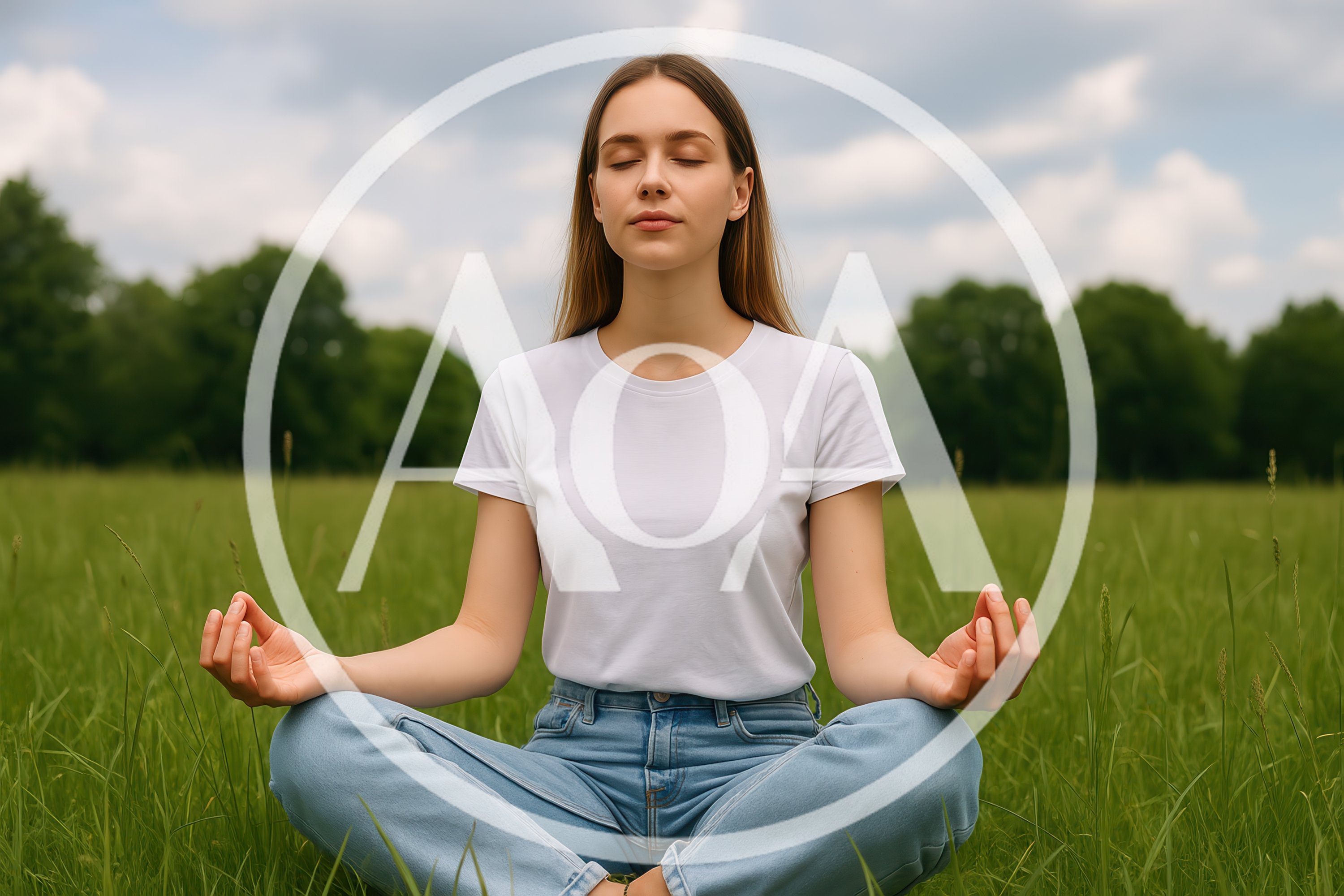 Young Woman Meditating In A Green Field