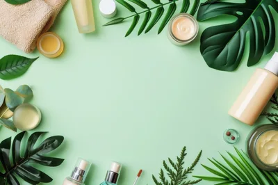 Flat Lay Beauty Products With Tropical Leaves