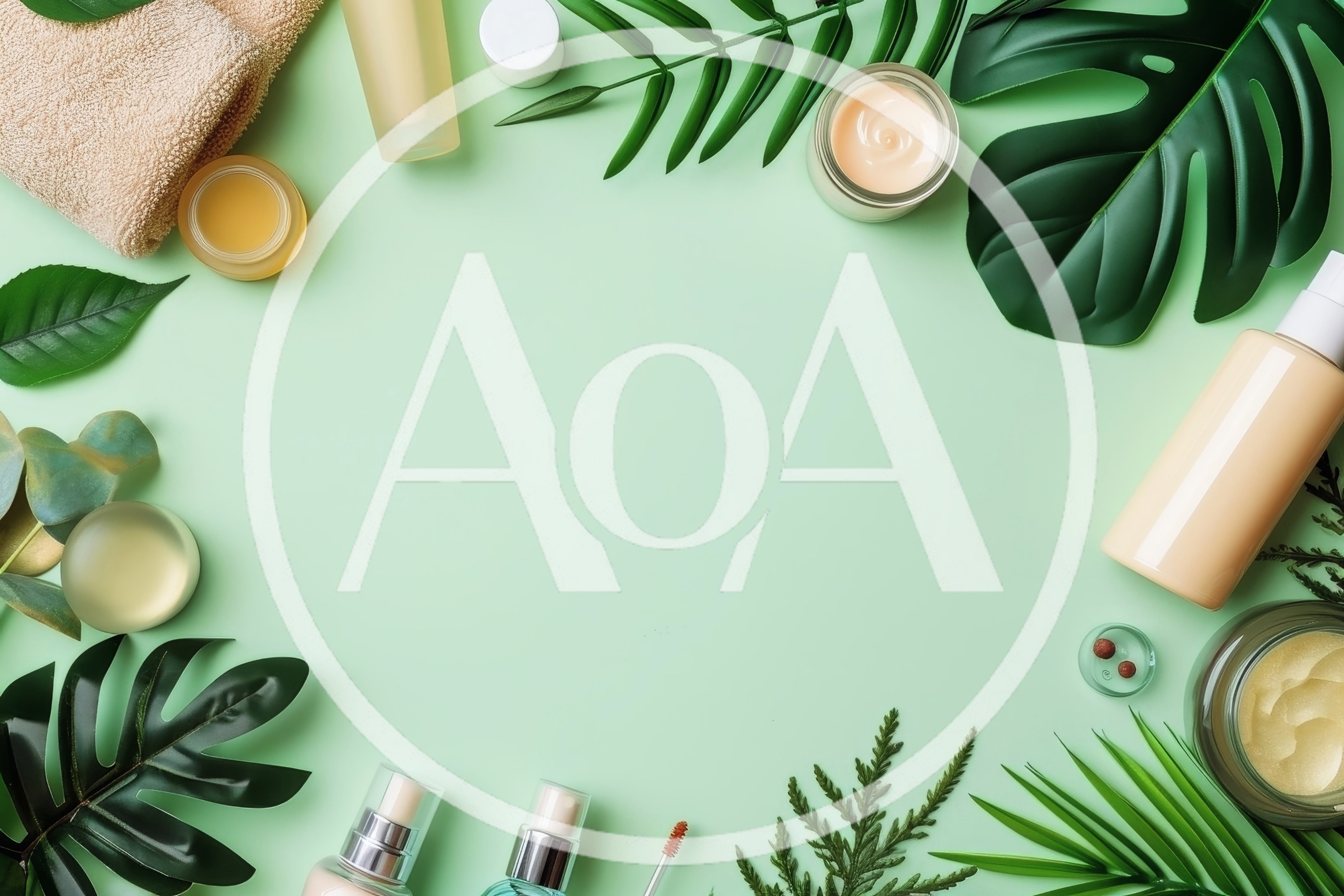 Flat Lay Beauty Products With Tropical Leaves