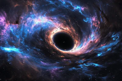 Cosmic Black Hole With Swirling Nebula Clouds