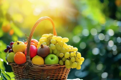 Wicker Basket Filled With Fresh Assorted Fruits