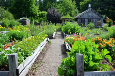 Lush Community Garden With Raised Beds And Gravel Path