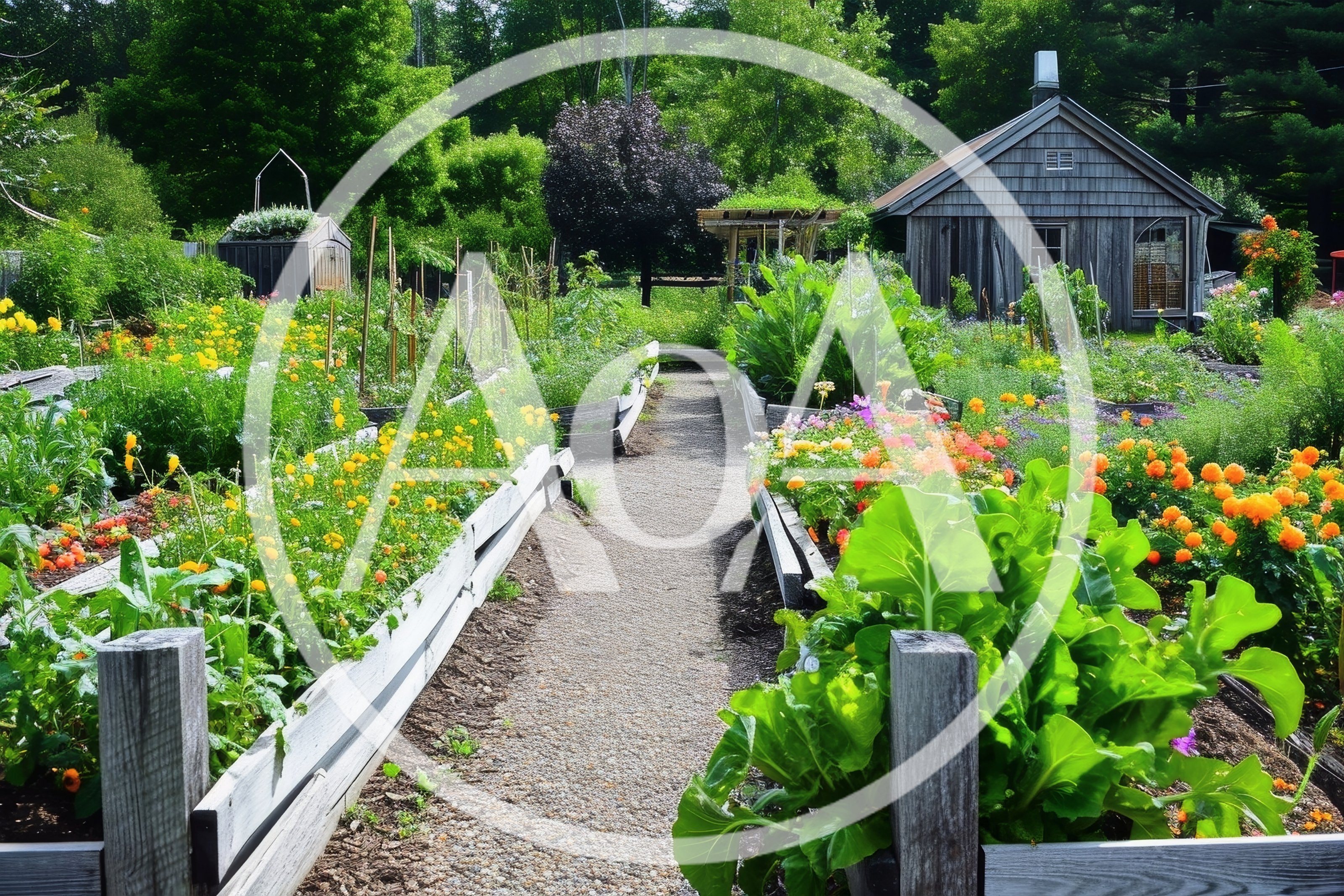 Lush Community Garden With Raised Beds And Gravel Path